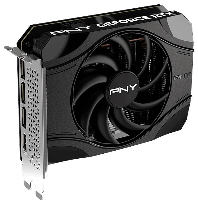 Eine PNY GeForce RTX Grafikkarte mit großem Kühlventilator und mehreren Ausgabeanschlüssen, konzipiert für hochleistungs-Gaming und Rendering.