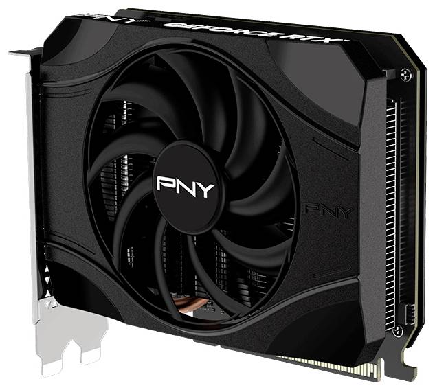Eine schwarze PNY-Grafikkarte mit einem großen Kühlventilator, die ihr Logo und das kompakte Design zur Schau stellt, in einem Winkel positioniert, um die Stromanschlüsse und das Metallgehäuse zu zeigen.