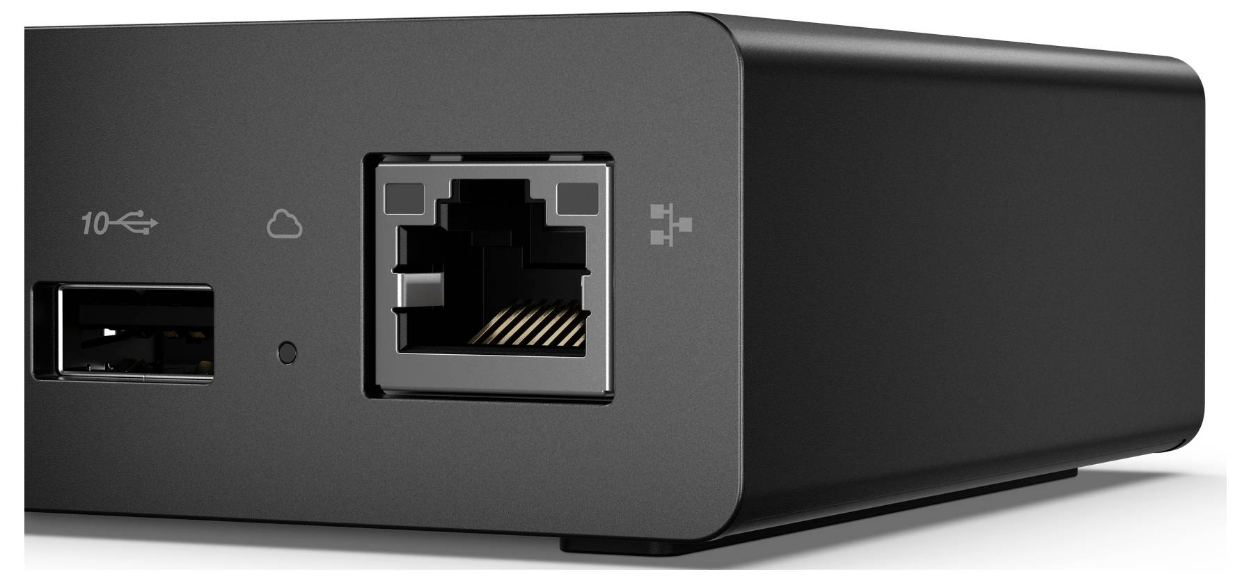Nahaufnahme eines schwarzen elektronischen Geräts, die einen Ethernet-Anschluss und einen USB-Anschluss zeigt.