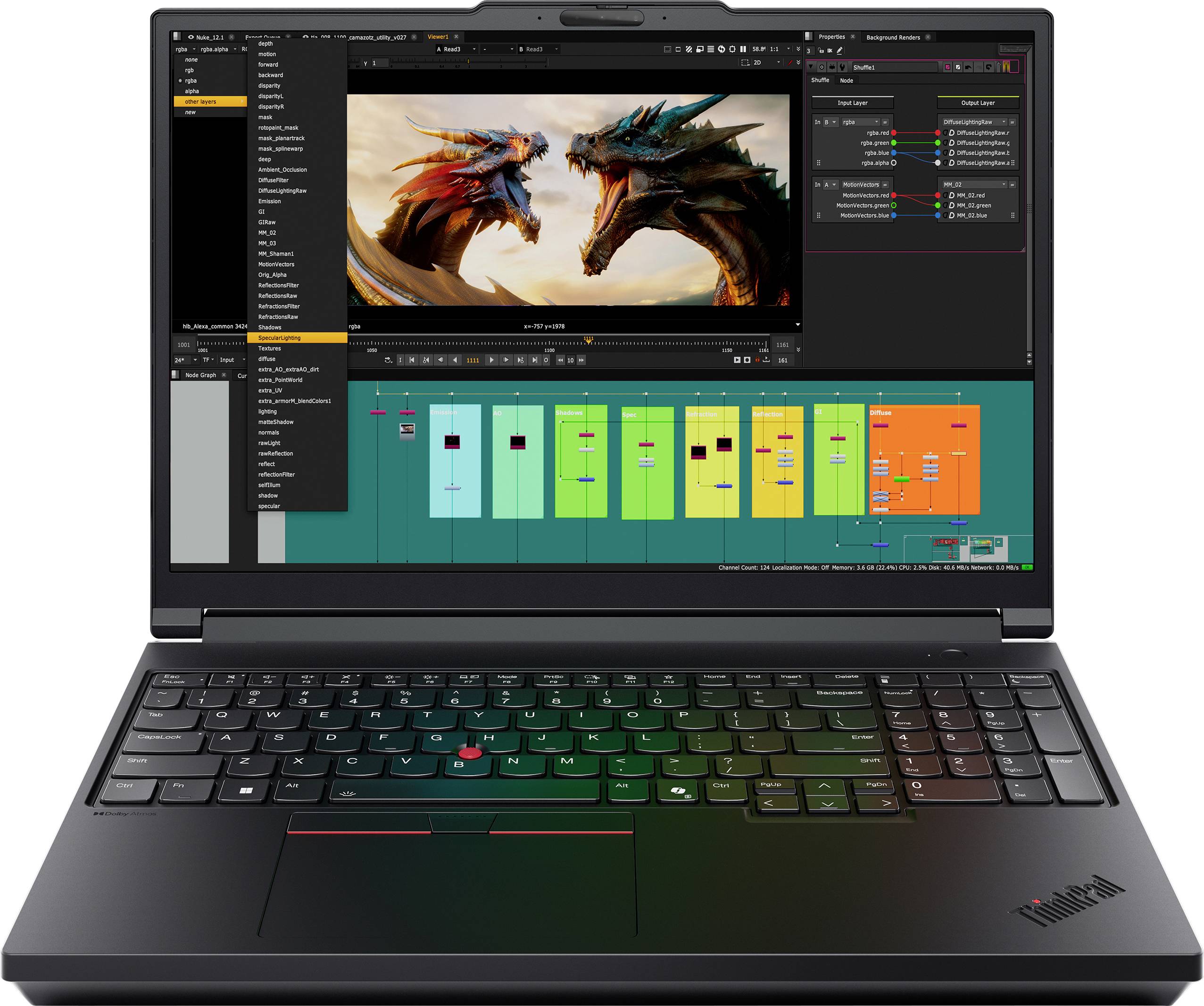 Ein Laptop, auf dem Videobearbeitungssoftware angezeigt wird, mit einem Frame, der zwei sich gegenüberstehende Drachen zeigt, darunter eine Zeitleiste mit verschiedenen Clips und Effekten.