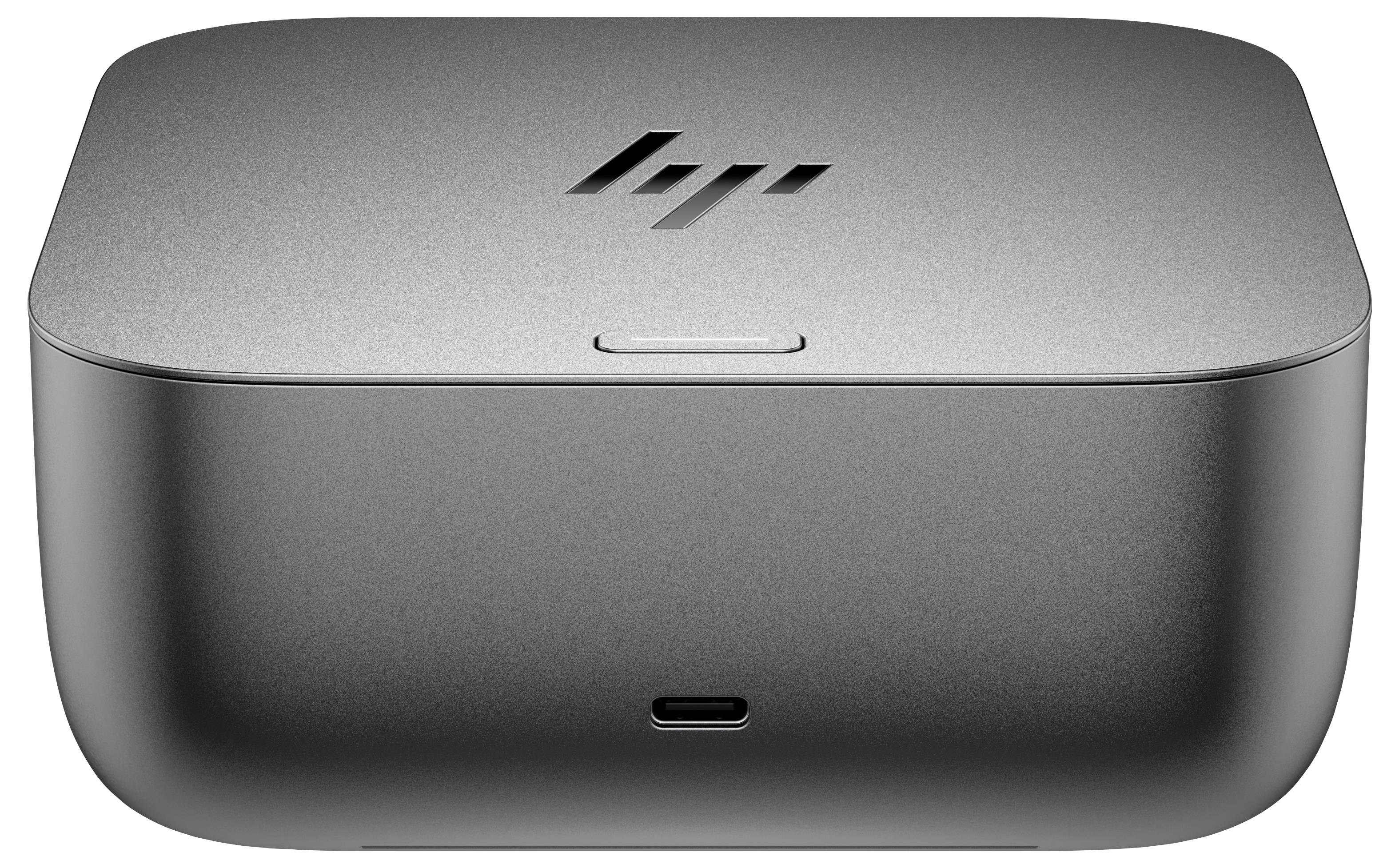Eine elegante, graue HP-Dockingstation mit USB-C-Anschluss und einer Schaltfläche an der Vorderseite, mit dem HP-Logo auf der oberen Oberfläche graviert.