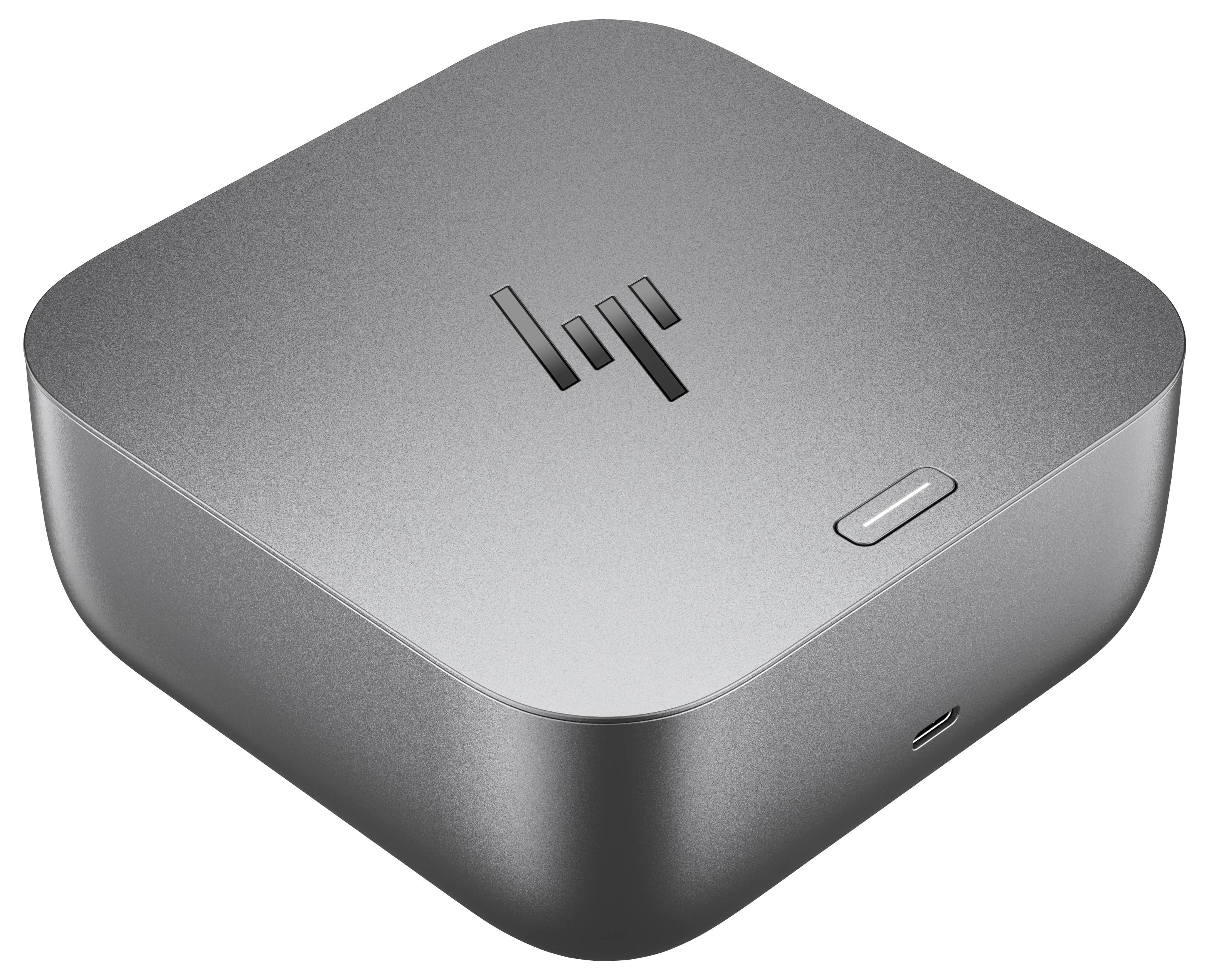 Ein quadratisches, graues elektronisches Gerät mit HP-Logo, das eine Stromtaste und einen USB-Anschluss auf der Vorderseite aufweist und typischerweise als Mini-PC verwendet wird.