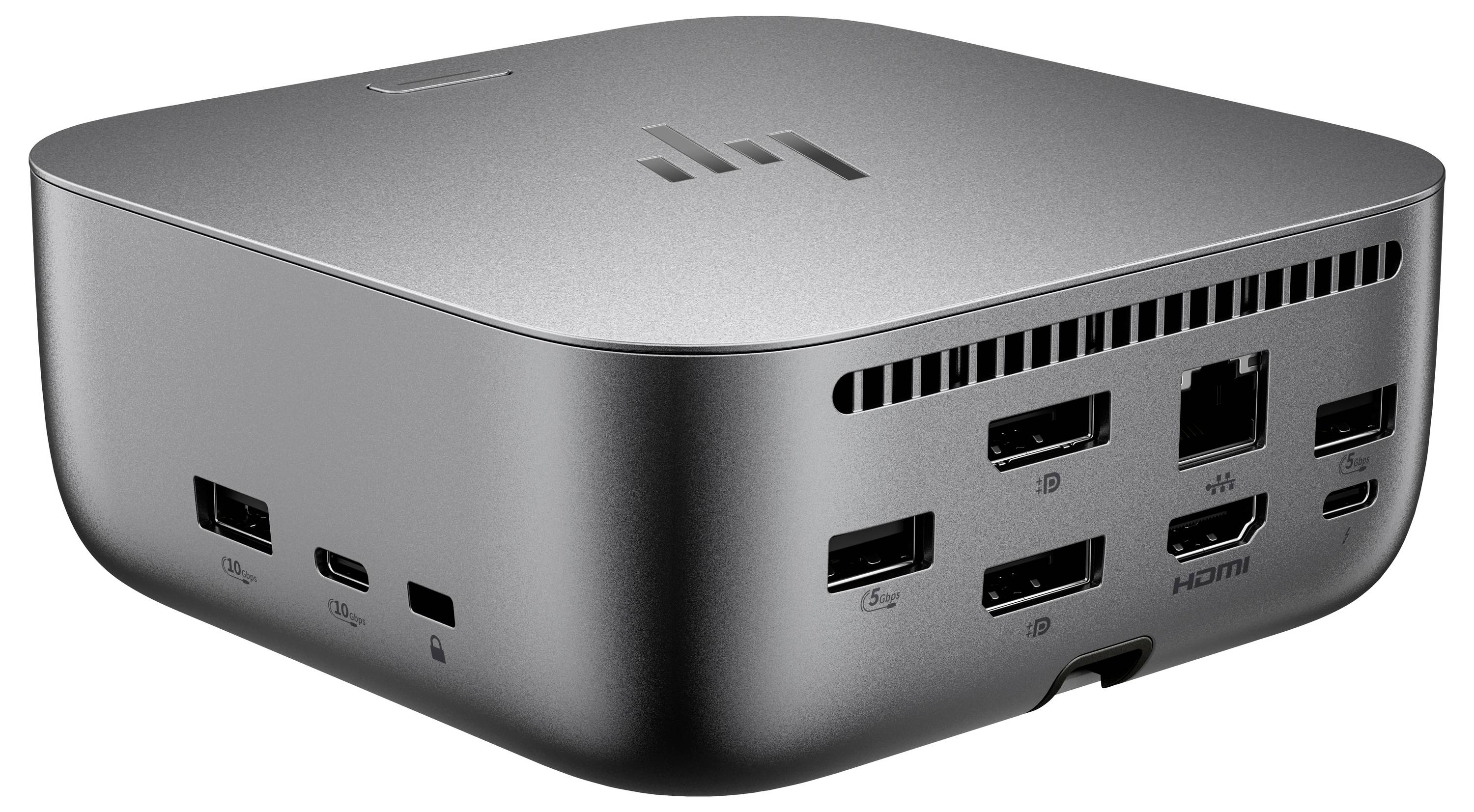 Eine kompakte, silberne Dockingstation mit mehreren Anschlüssen, darunter HDMI, USB und Ethernet, entwickelt zum Verbinden verschiedener Geräte.