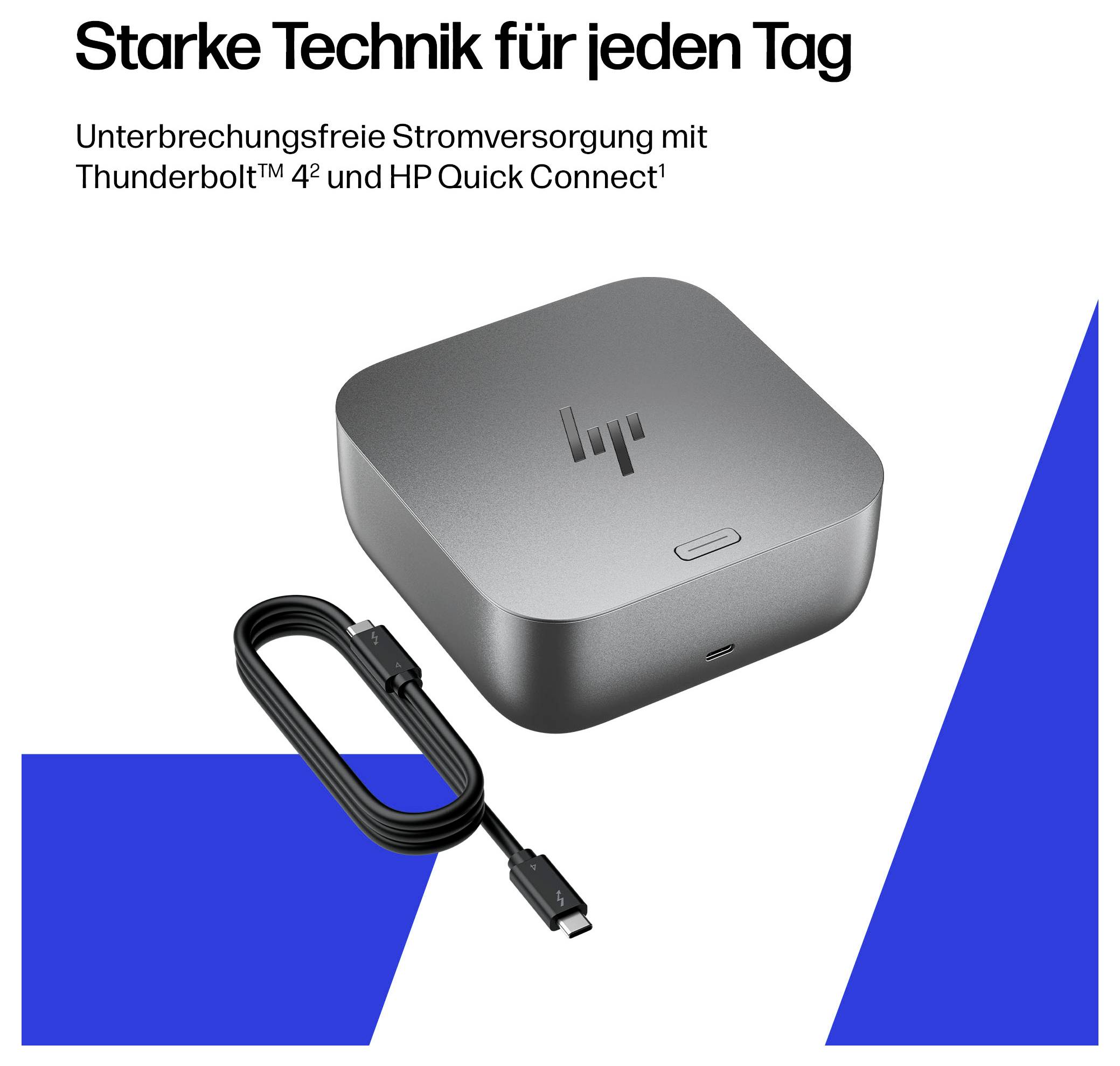 Ein quadratisches silbernes Gerät mit HP-Logo und einem aufgerollten Kabel daneben. Deutscher Text hebt zuverlässige Technologie mit Thunderbolt™ 4 hervor.