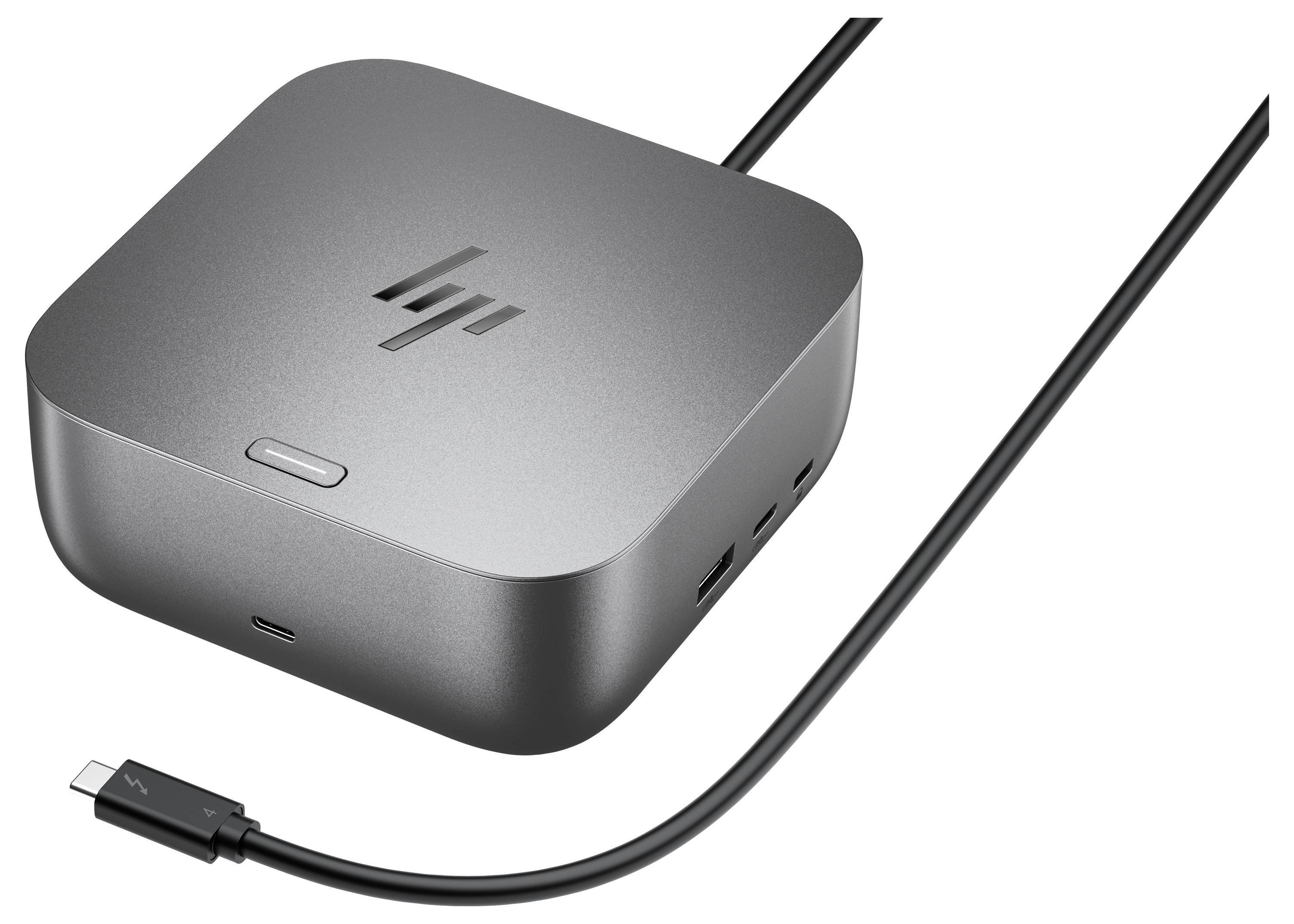 Eine silberne HP-Dockingstation mit mehreren USB-Anschlüssen und einem angeschlossenen Kabel, entwickelt zur Erweiterung der Konnektivitätsoptionen des Computers.