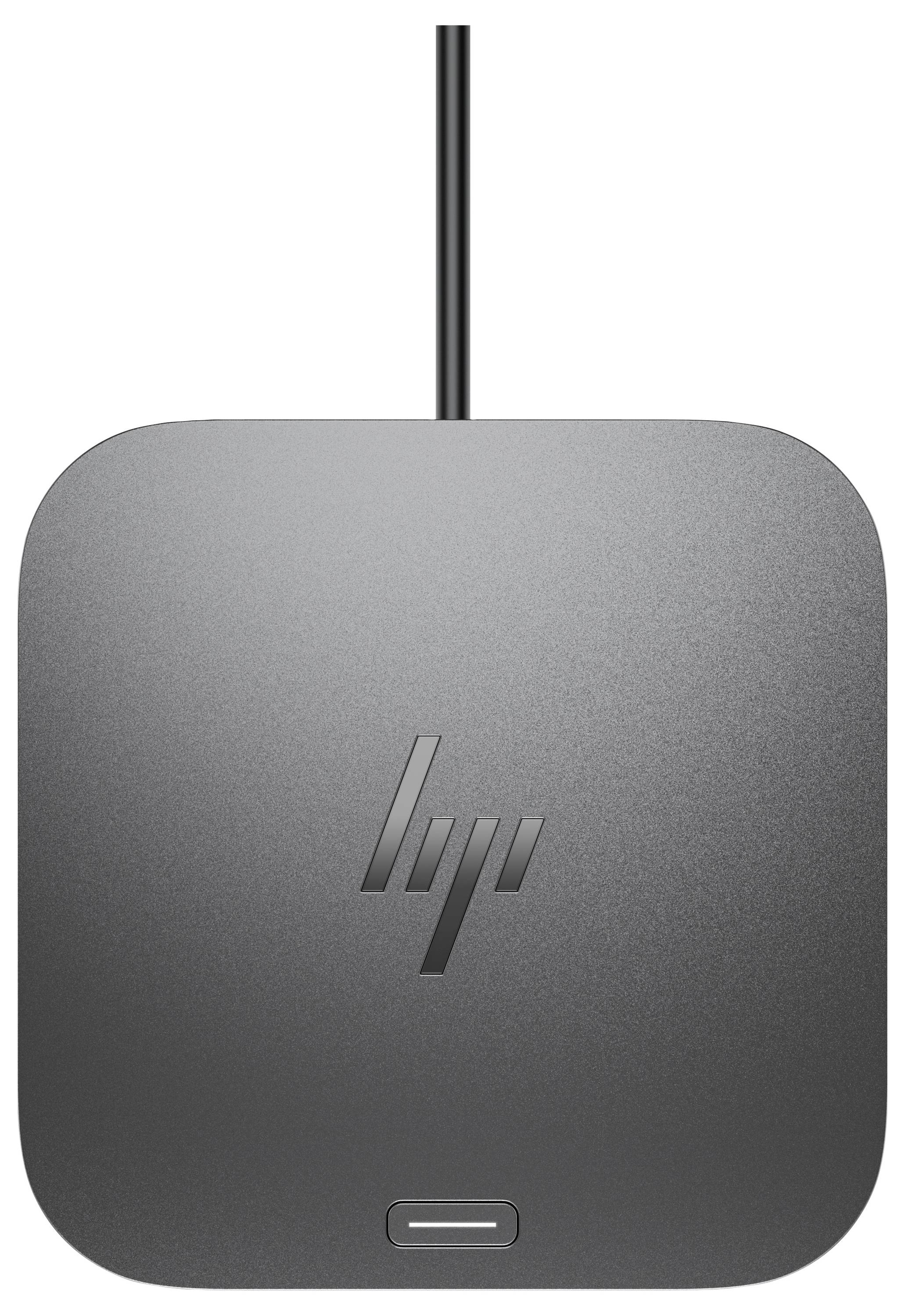 Ein schwarzes quadratisches Ladegerät mit Kabel, das in der Mitte ein Logo aufweist und für das kabellose Laden kompatibler Geräte entwickelt wurde.