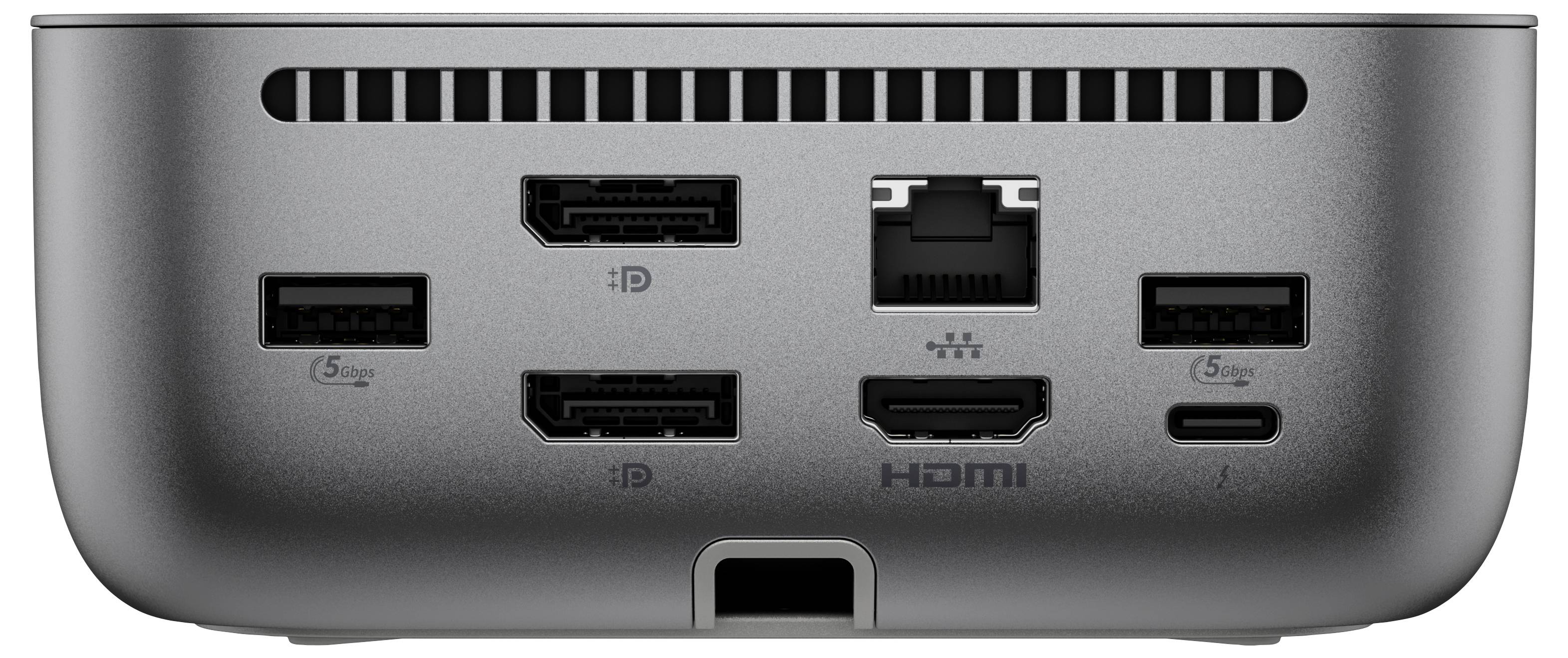 Das Bild zeigt die Rückseite eines grauen Computergeräts mit verschiedenen Anschlüssen: drei USB-A-Anschlüsse, zwei HDMI-Anschlüsse, einen Ethernet-Anschluss und einen USB-C-Anschluss.