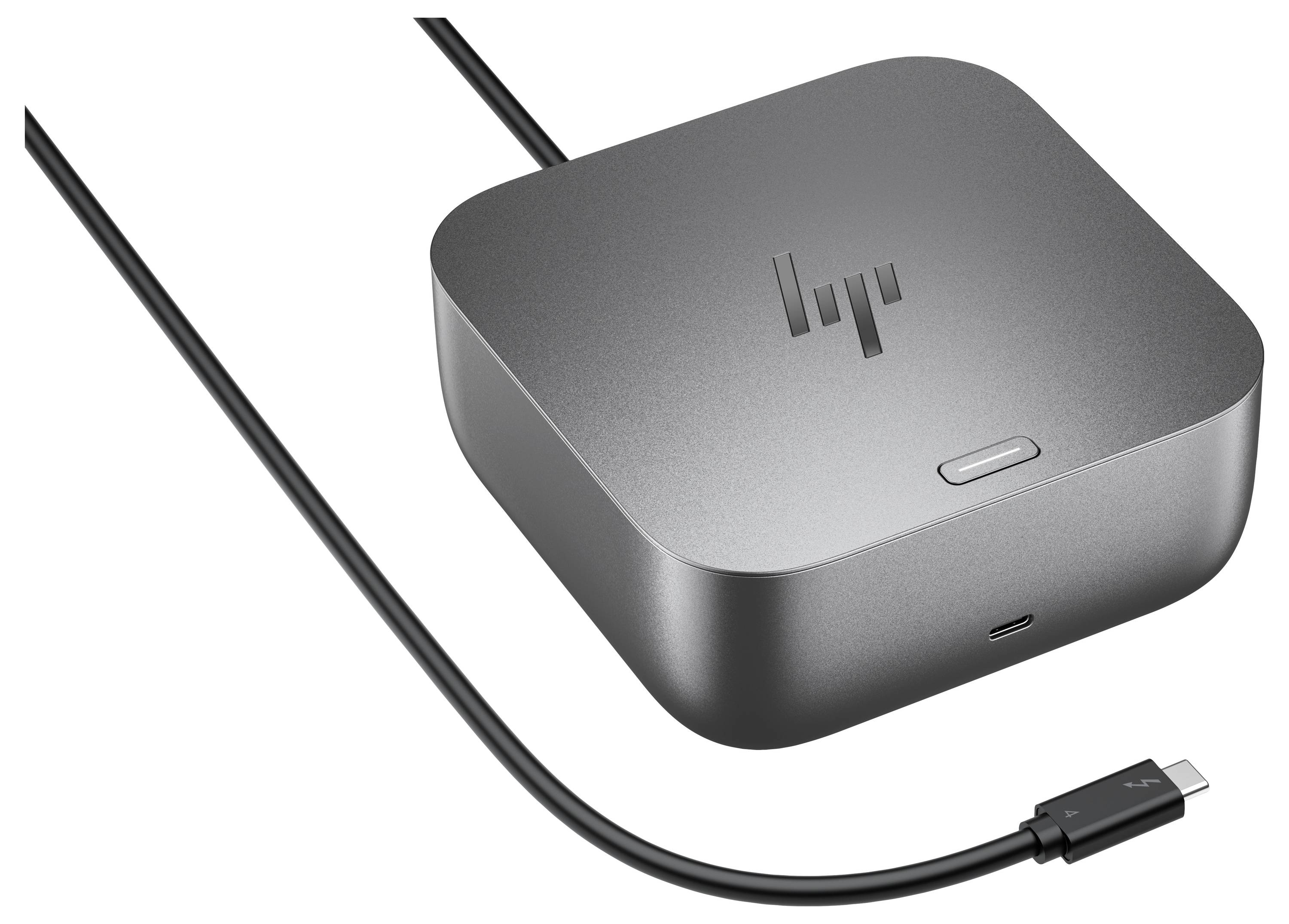 Eine kompakte, graue Dockingstation mit sichtbarem USB-C-Kabel, das mit einem Logo auf der Oberseite ausgestattet ist und zum Anschluss von Geräten geeignet ist.