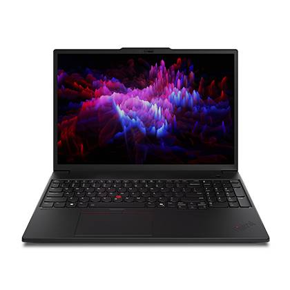 Ein schwarzer Laptop zeigt eine farbenfrohe abstrakte Grafik auf seinem Bildschirm an, mit lebendigen Rosa- und Violetttönen auf dunklem Hintergrund.