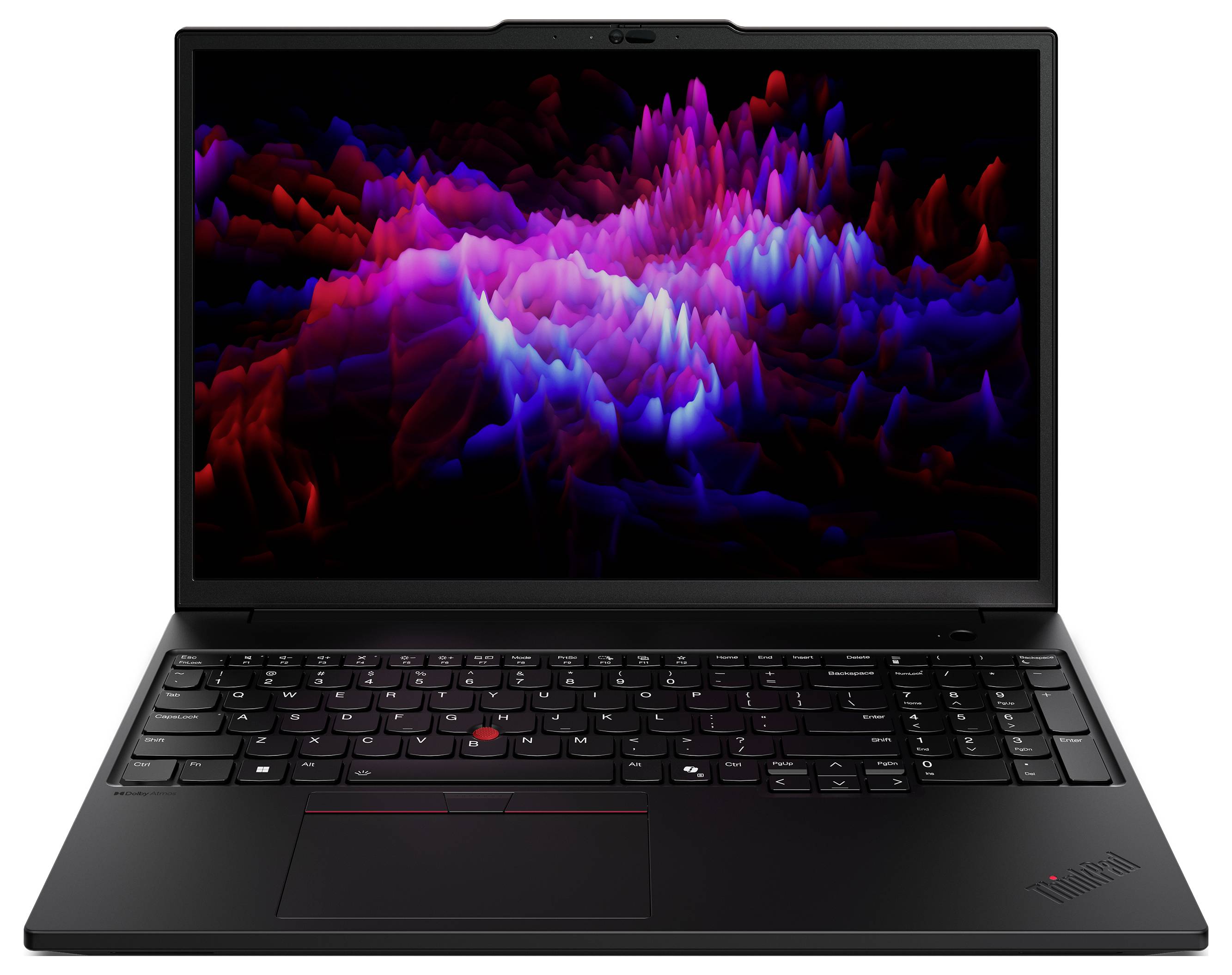 Ein schwarzer Laptop mit einem farbenfrohen, abstrakten Muster auf dem Bildschirm, das rosafarbene und blaue Töne zeigt. Der Laptop ist geöffnet und zeigt die Tastatur.