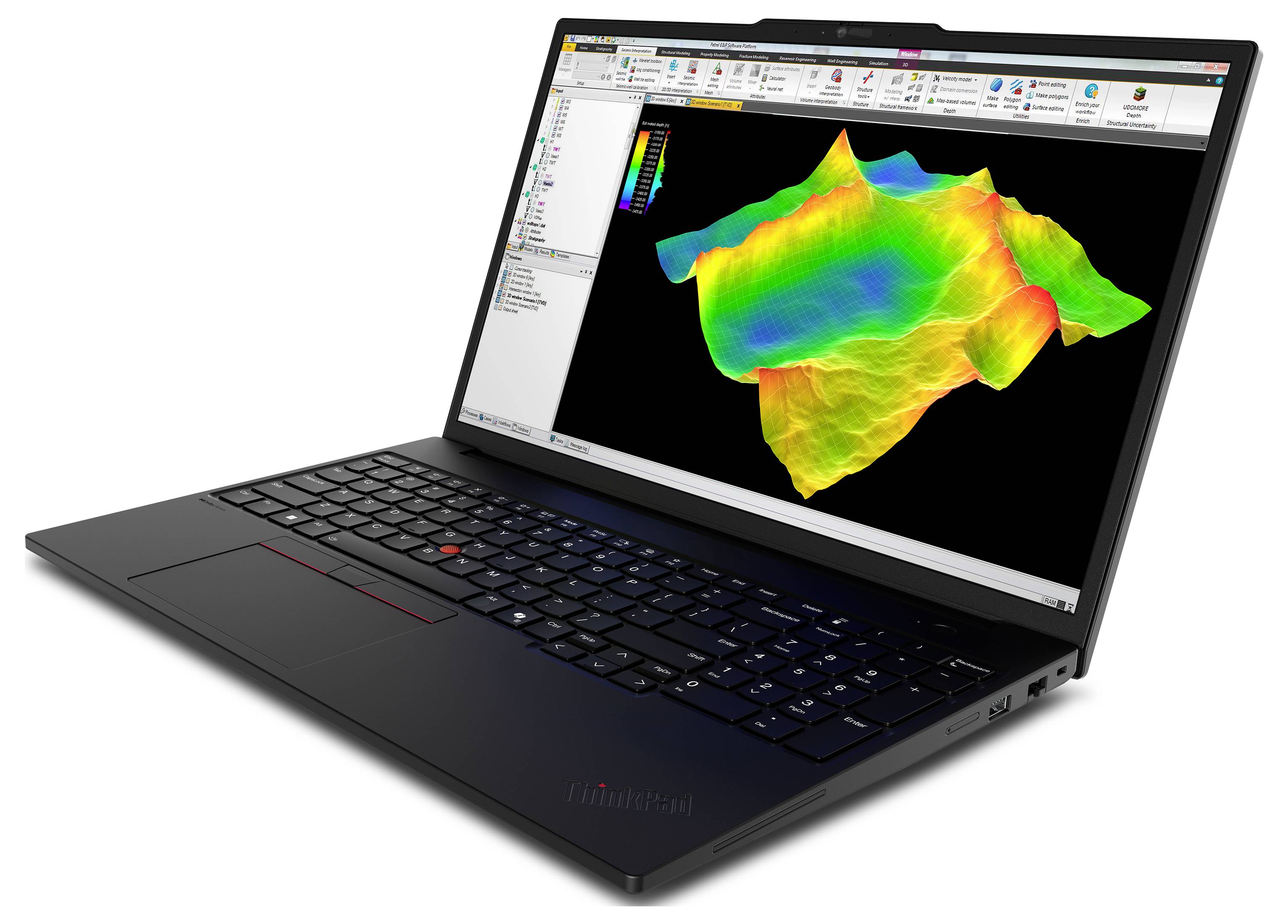 Ein schwarzer Laptop zeigt 3D-Geländemodellierungssoftware an, auf dem Bildschirm werden farbige topografische Daten angezeigt.