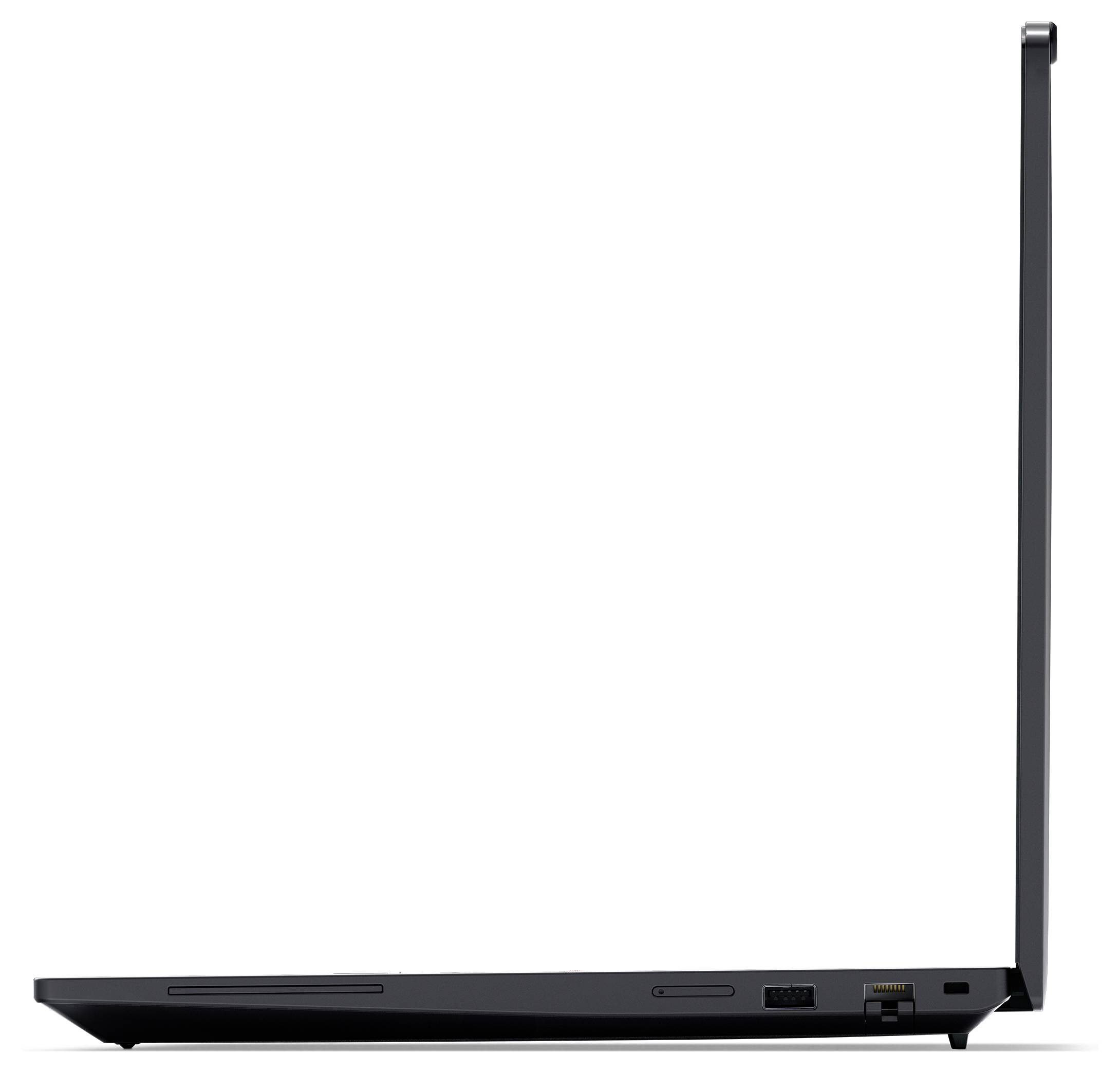Ein schlanker, geschlossener Laptop mit matter schwarzer Oberfläche, der die Rückseite mit dem Markenlogo zeigt. Der Laptop hat sichtbare Anschlüsse an den Seiten.