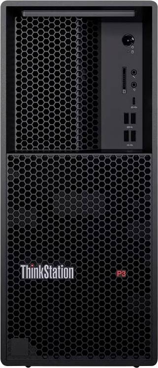 Ein schwarzer Desktop-Computer-Tower mit einer Wabenmuster-Frontplatte und mehreren Anschlüssen. Der Markenname 