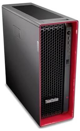 Ein schwarzer Desktop-Computer-Turm mit rotem Frontpanel, mit dem Markennamen „ThinkStation