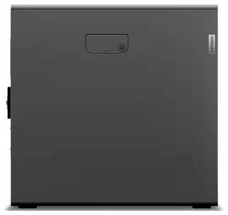 Ein schwarzer Lenovo-Computerturm von der Seite betrachtet, mit einem einfachen Design mit einem kleinen Knopf und Logo auf der Oberfläche.