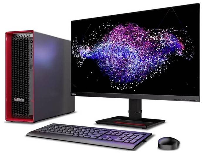 Lenovo ThinkStation Desktop-Workstation-Tower mit schwarzem Mesh-Front und rotem Trim, in schräger Ansicht auf weißem Hintergrund dargestellt.