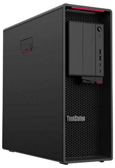 Ein schwarzer Lenovo ThinkStation P520 Desktop-Computerturm mit elegantem Design und roten Akzenten, auf dem die Vorderseite und das Markenlogo präsentiert werden.
