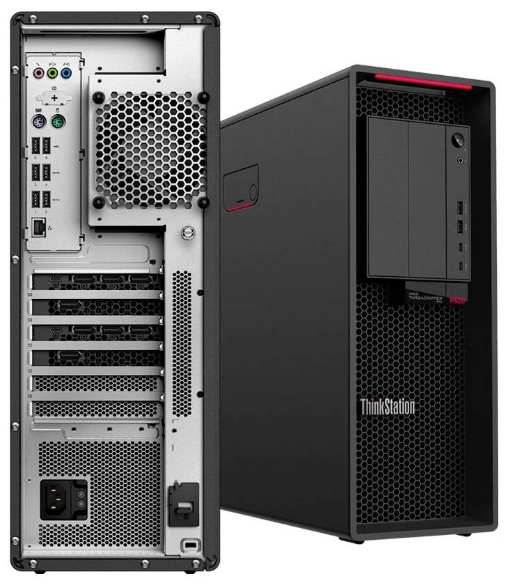 Ein schwarzer Computer-Tower mit sichtbarem Frontpanel einschließlich Ein-/Ausschalter und USB-Anschlüssen; die Rückseite zeigt Konnektivitätsanschlüsse und Steckplätze.