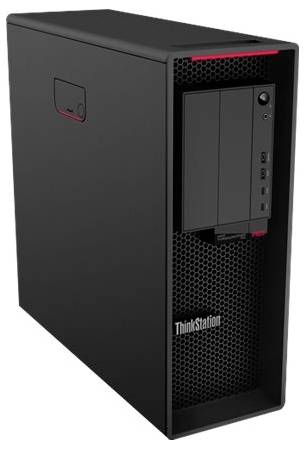 Ein schwarzer Arbeitsstation-Computer-Turm, gekennzeichnet mit „ThinkStation