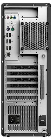 Rückansicht eines Desktop-Computer-Gehäuses mit verschiedenen Anschlüssen und Steckplätzen, einschließlich USB, Ethernet, Audiobuchsen, Belüftung und Stromversorgung.