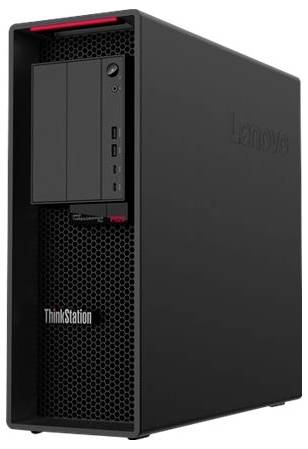 Ein schwarzer Lenovo ThinkStation-Computer-Tower mit mehreren USB-Anschlüssen an der Vorderseite und einem Netzschalter, konzipiert für professionelle Verwendung.