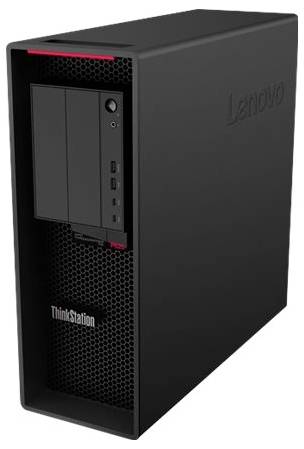 Ein schwarzer Lenovo ThinkStation Desktop-Computer mit elegantem, rechteckigem Design und frontseitig angebrachten Anschlüssen, geeignet für den professionellen Einsatz.
