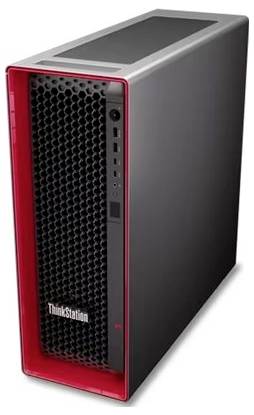 Ein Desktop-Computer-Gehäuse mit schwarzer Wabenmuster-Front und rotem Rand, beschriftet mit „ThinkStation