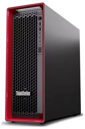 Ein schwarzer und roter ThinkStation-Computer-Tower mit sichtbaren Anschlüssen und Belüftungsgitter auf der Frontplatte.