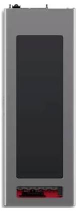 Ein vertikales, rechteckiges, elegantes schwarzes und silbernes elektronisches Gerät mit einer kleinen roten Komponente am unteren Ende, das einer Batterie ähnelt.