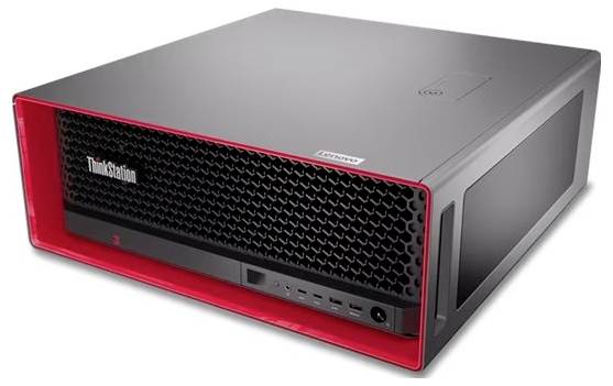 Lenovo ThinkStation Desktop-Workstation-Tower mit schwarzem Mesh-Front, roter Blende und Seitenpanel