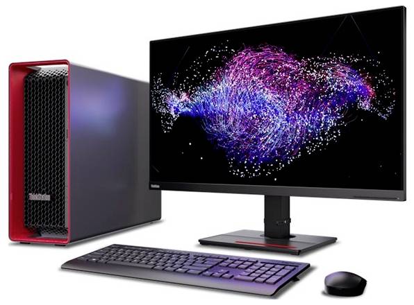 Ein Desktop-Computer-Setup, das einen Monitor mit lebendigen abstrakten Kunstwerken zeigt, einen eleganten CPU-Tower, eine Tastatur und eine Maus.
