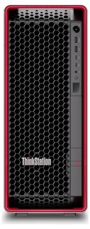 Ein rot und schwarz gefärbter Lenovo ThinkStation Computer-Turm mit einer wabenförmigen vorderen Blende. Anschlüsse und der Netzschalter sind auf der rechten Seite sichtbar.