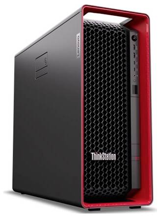 Ein schwarzer und roter Lenovo ThinkStation-Desktop-Computertower mit einem wabenförmig gemusterten vorderen Gitter und mehreren nach vorne gerichteten Anschlüssen.