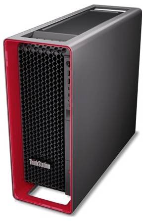 Ein schwarzer und roter Computer-Tower mit Wabenfront-Panel-Design, beschriftet mit „ThinkStation