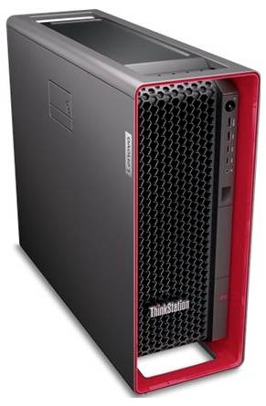 Ein schwarz-rotes Desktop-Gehäuse mit Belüftung auf der Frontblende, mit der Bezeichnung „ThinkStation