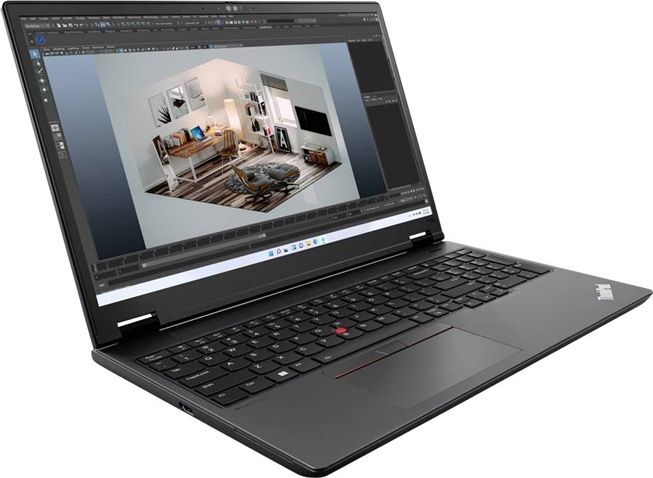 Offener schwarzer Laptop, der auf seinem Bildschirm eine 3D-Innenraumgestaltungsszene anzeigt.