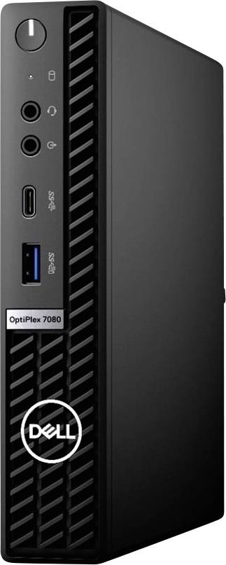 Vorderansicht eines Dell OptiPlex 7080 Small Desktop Tower mit Stromschalter, Audiobuchsen, USB-Anschlüssen und Dell-Logo auf der Frontblende.