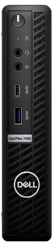 Frontblende eines Dell OptiPlex 7060 Desktop-Towers mit Stromschalter, Audiobuchsen, USB-C- und USB-Anschlüssen sowie Dell-Logo.