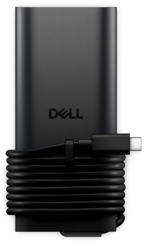 Dell-Marken-Laptop-Stromadapter in Schwarz mit Spiralkabel und USB-C-Anschluss.