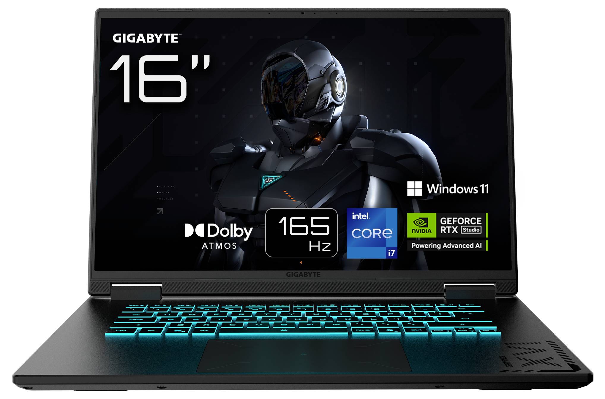 Gigabyte 16-Zoll Gaming-Laptop mit leuchtender Tastatur, zeigt '165 Hz', Intel Core i7, GeForce RTX, Windows 11 und Dolby Atmos Branding.