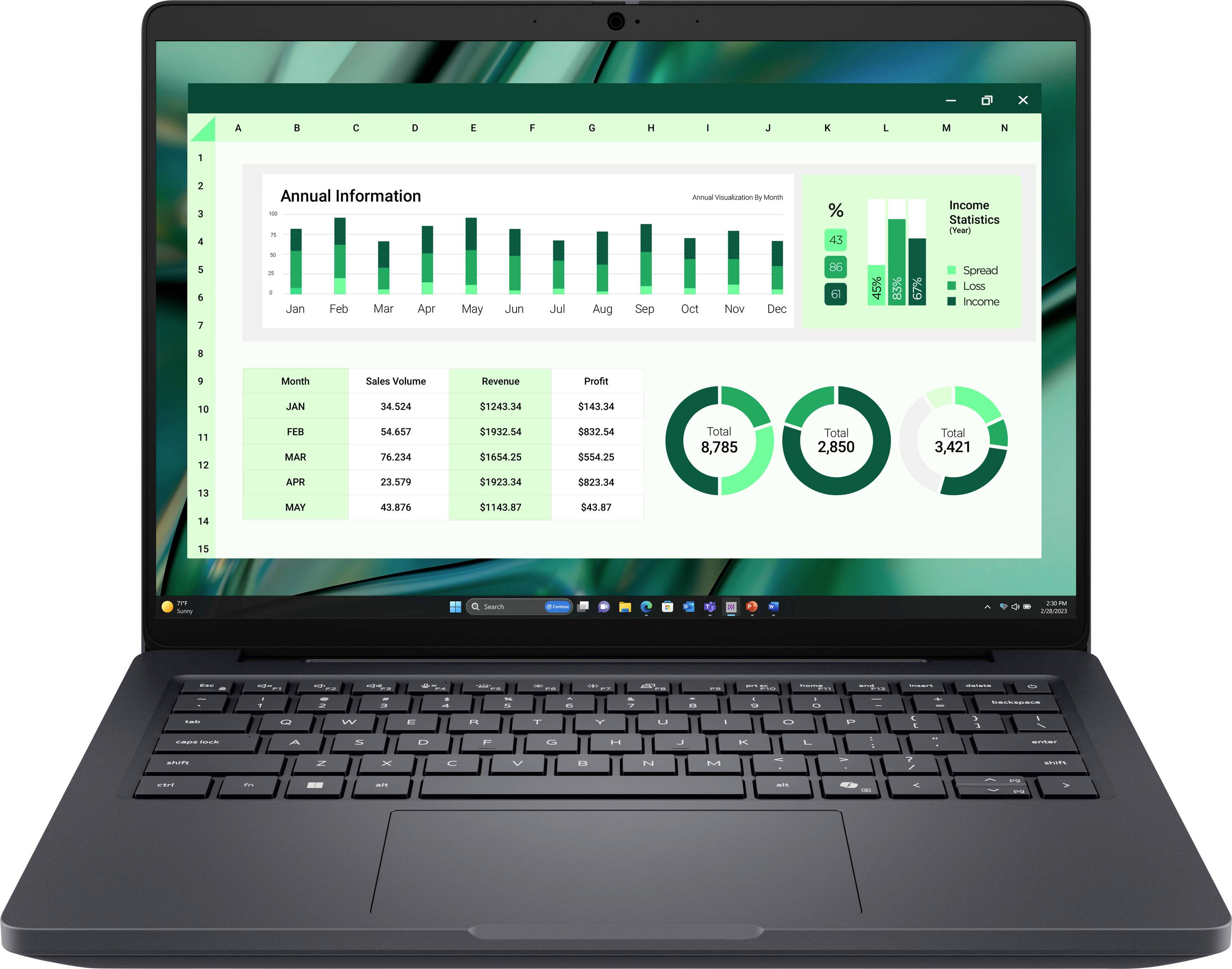 Laptop mit einer Tabellenkalkulation, die ein Jahresverkaufsdiagramm und Einkommensstatistiken anzeigt. Kreisdiagramme zeigen Prozentsätze und Gewinne nach Monaten.