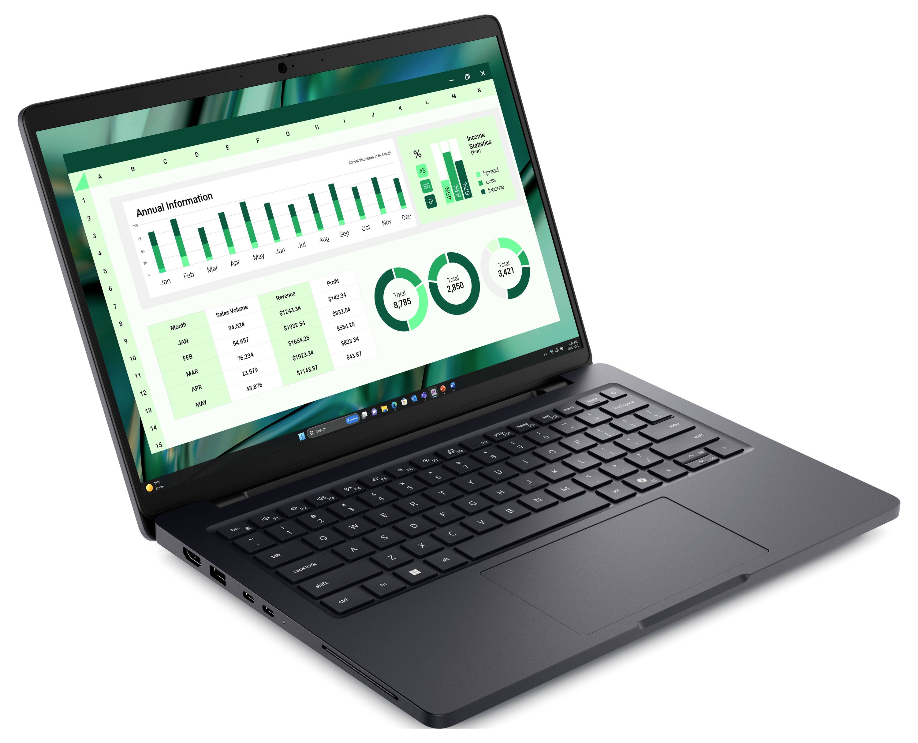 Ein silberner Laptop ist offen und zeigt einen Bildschirm mit einem abstrakten blau-weißen Design. Der Laptop ist leicht nach rechts geneigt.