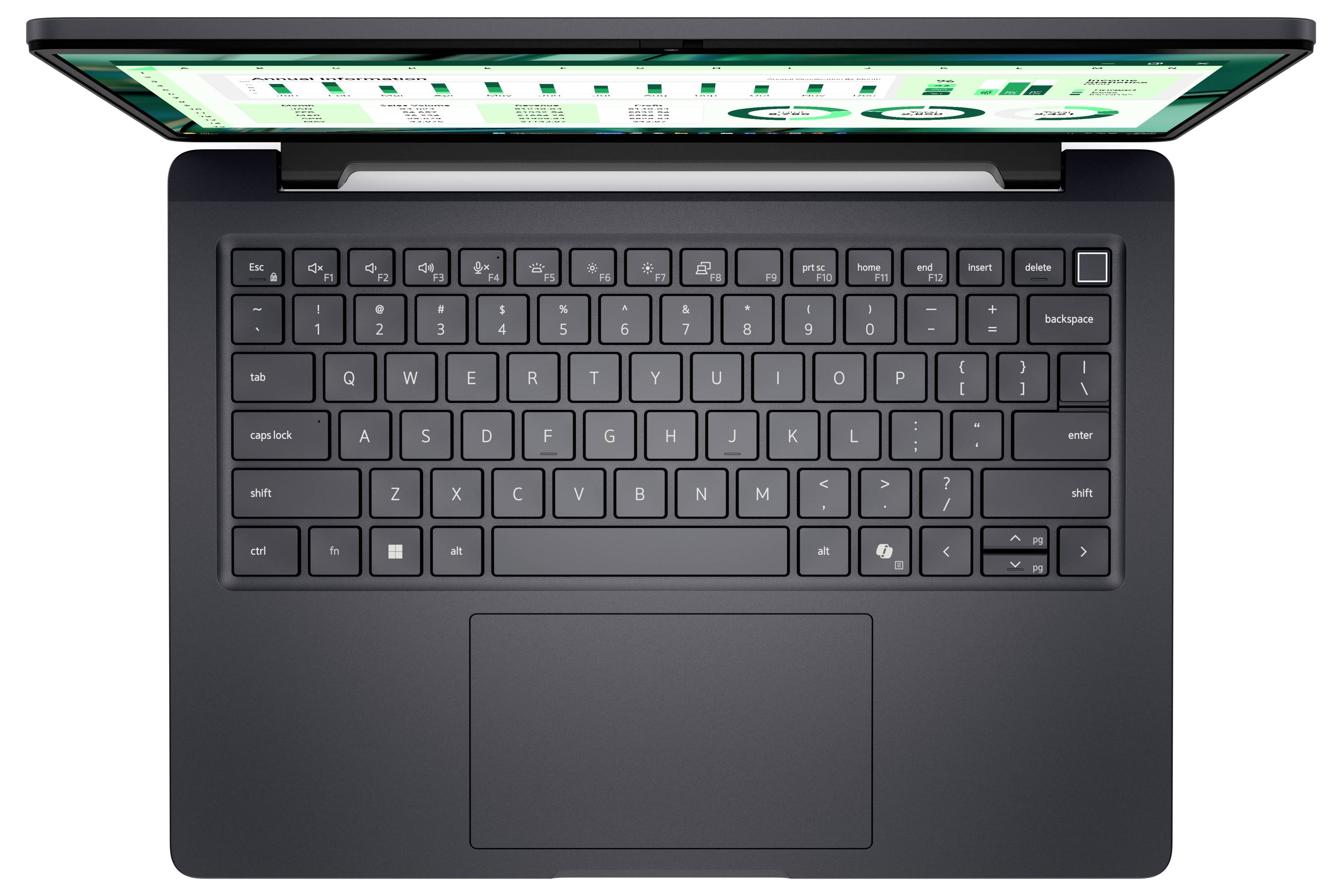 Ein schwarzer Laptop mit sichtbarer Tastatur und Bildschirm, auf dem Grafiken angezeigt werden. Der Laptop ist geöffnet und wird von oben betrachtet.