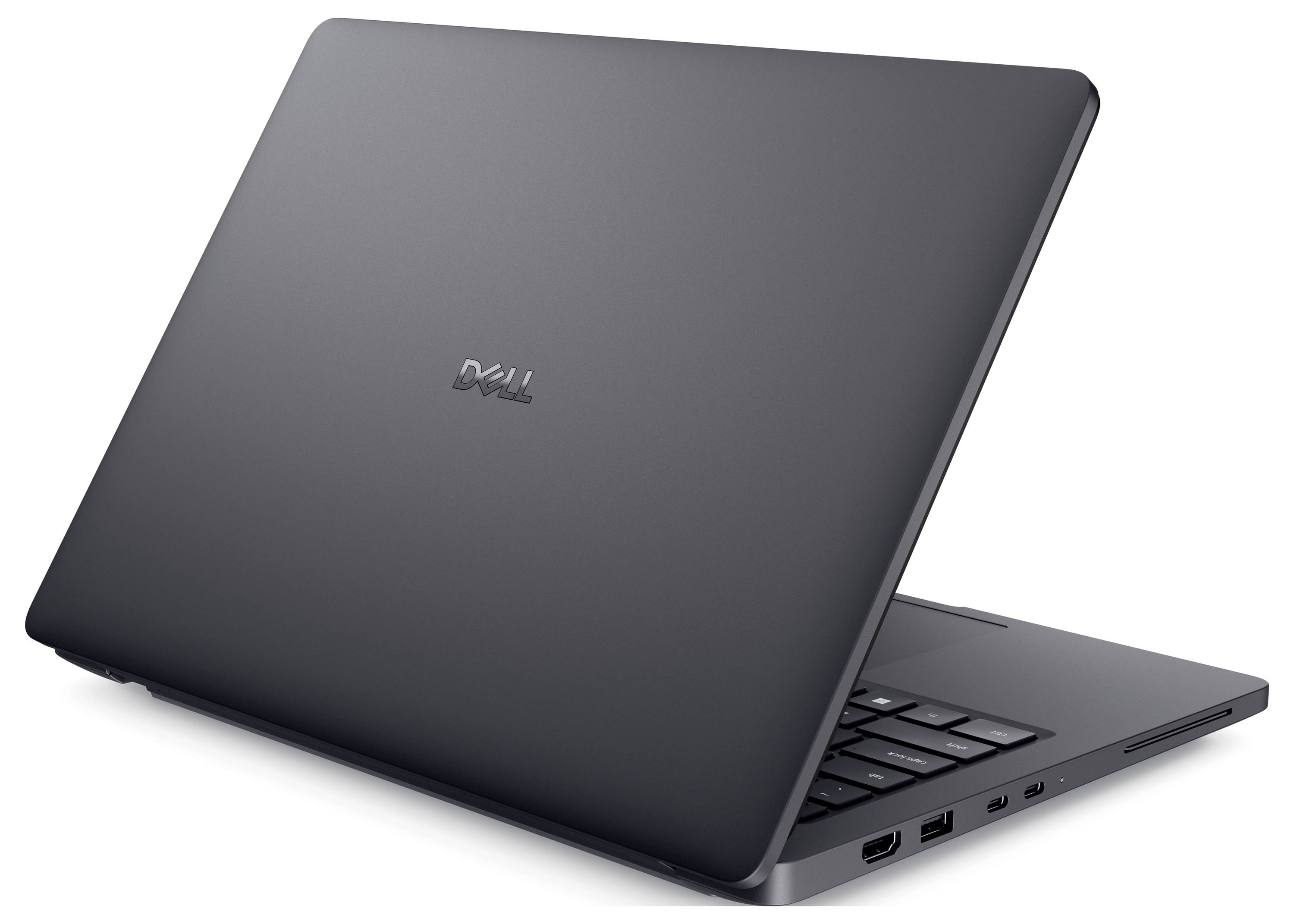 Ein eleganter, schwarzer Laptop mit teilweise geöffnetem Bildschirm, der ein minimalistisches Design und mehrere Anschlüsse an der Seite zeigt.
