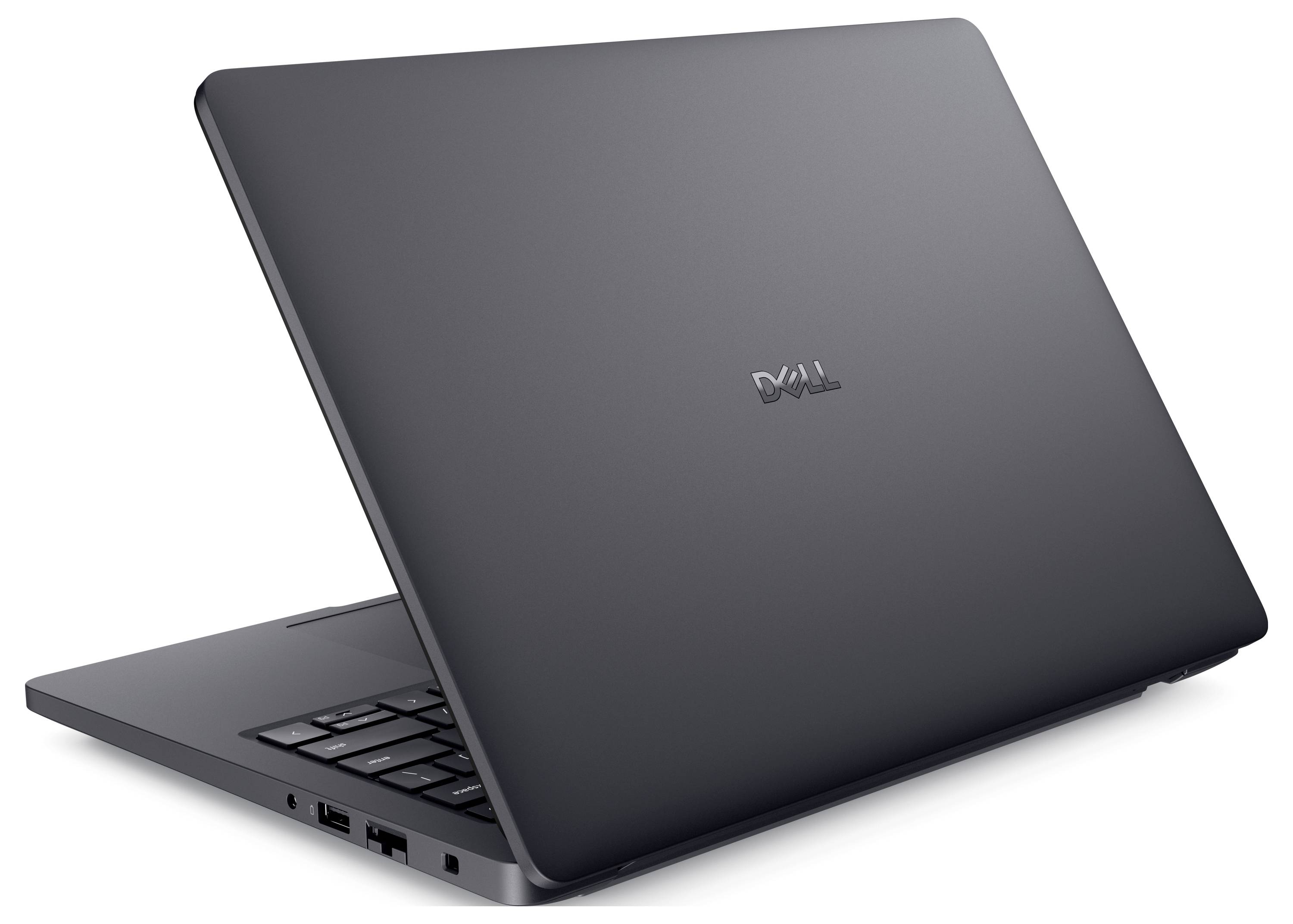 Ein eleganter, teilweise offener schwarzer Laptop mit sichtbarer Tastatur und dem Markenlogo auf dem Deckel, im Winkel auf weißem Hintergrund geneigt.