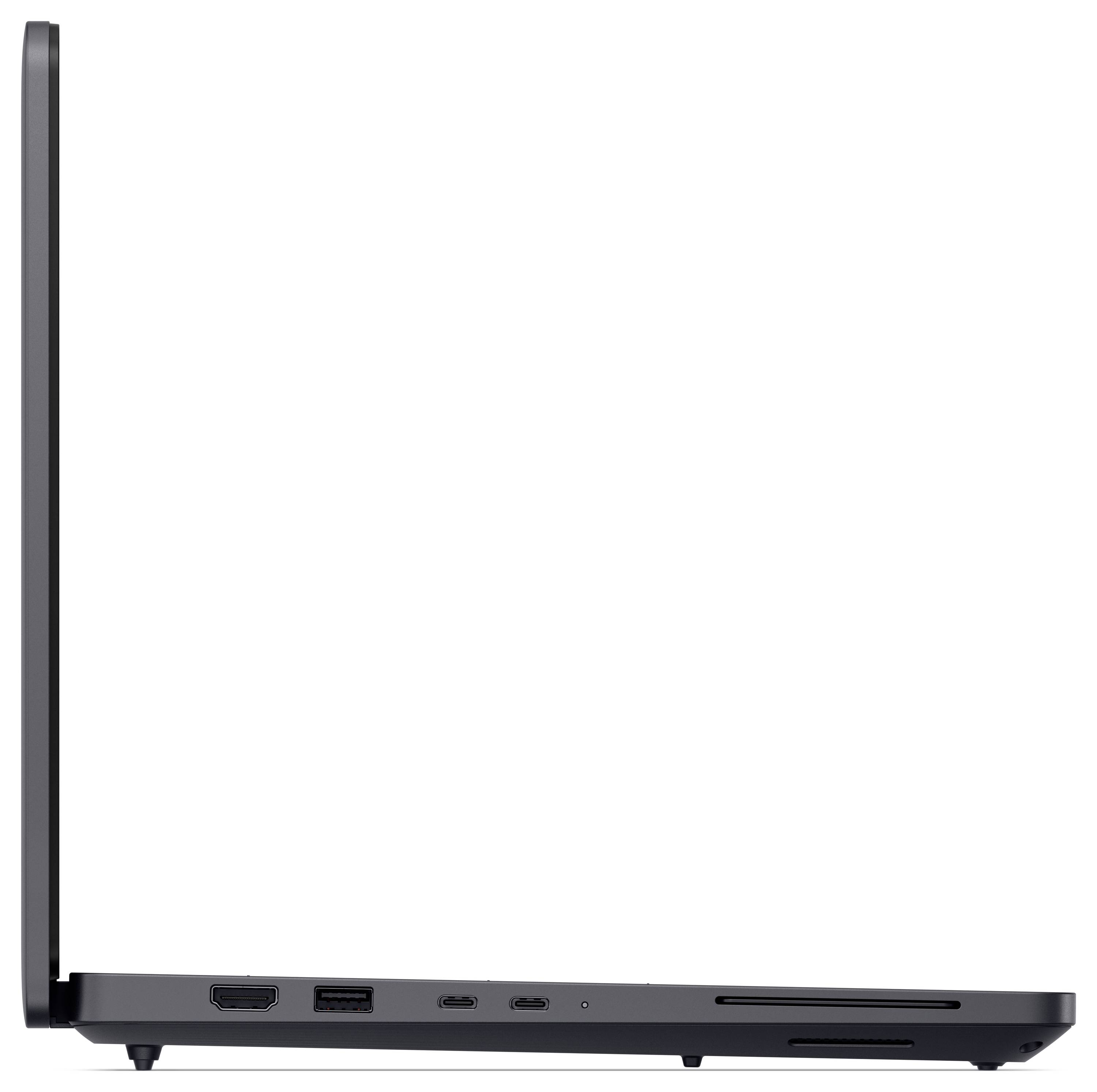 Ein schlanker, grauer Laptop mit schmalem Profil, teilweise geöffnet, zeigt mehrere Anschlüsse auf der Seite, darunter USB-C und HDMI.