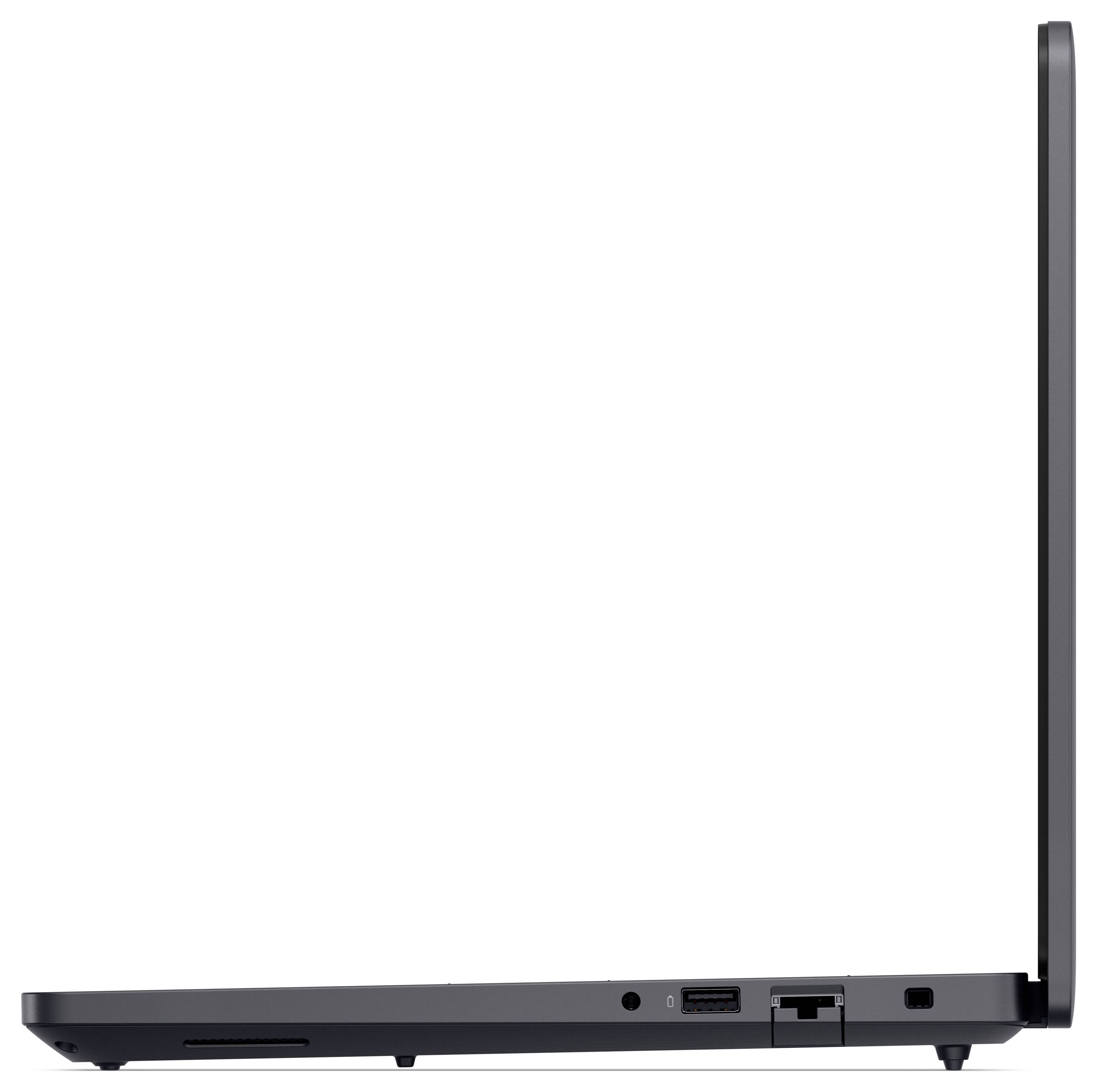 Ein schlanker, aufgeklappter Laptop von der Seite betrachtet, der Anschlüsse und minimale Bildschirmdicke zeigt.