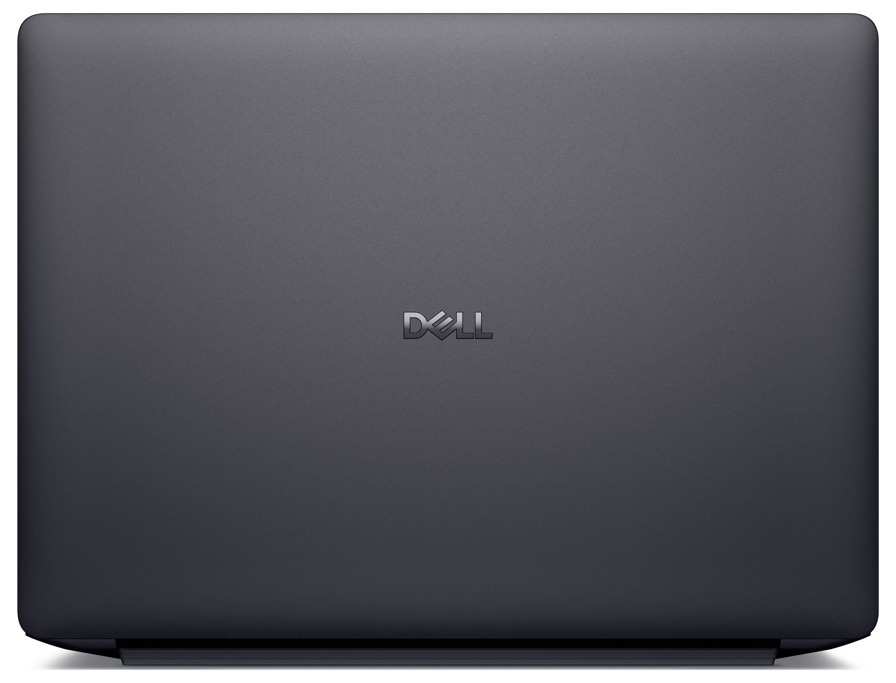 Ein geschlossener, matt schwarzer Laptop mit dem zentrierten „Dell