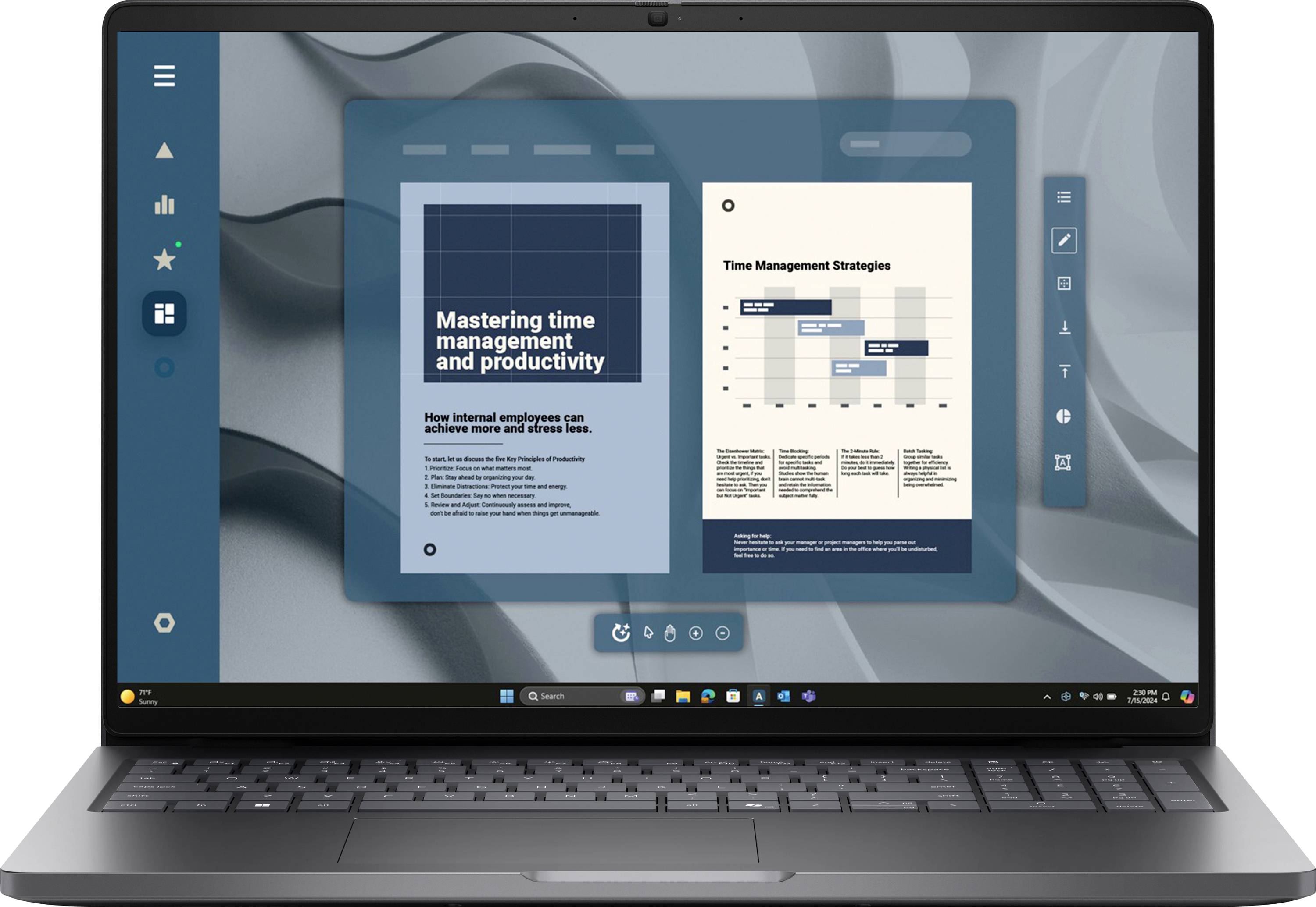 Ein Laptop-Bildschirm zeigt eine Präsentationsfolie mit dem Titel „Zeitmanagement und Produktivität beherrschen