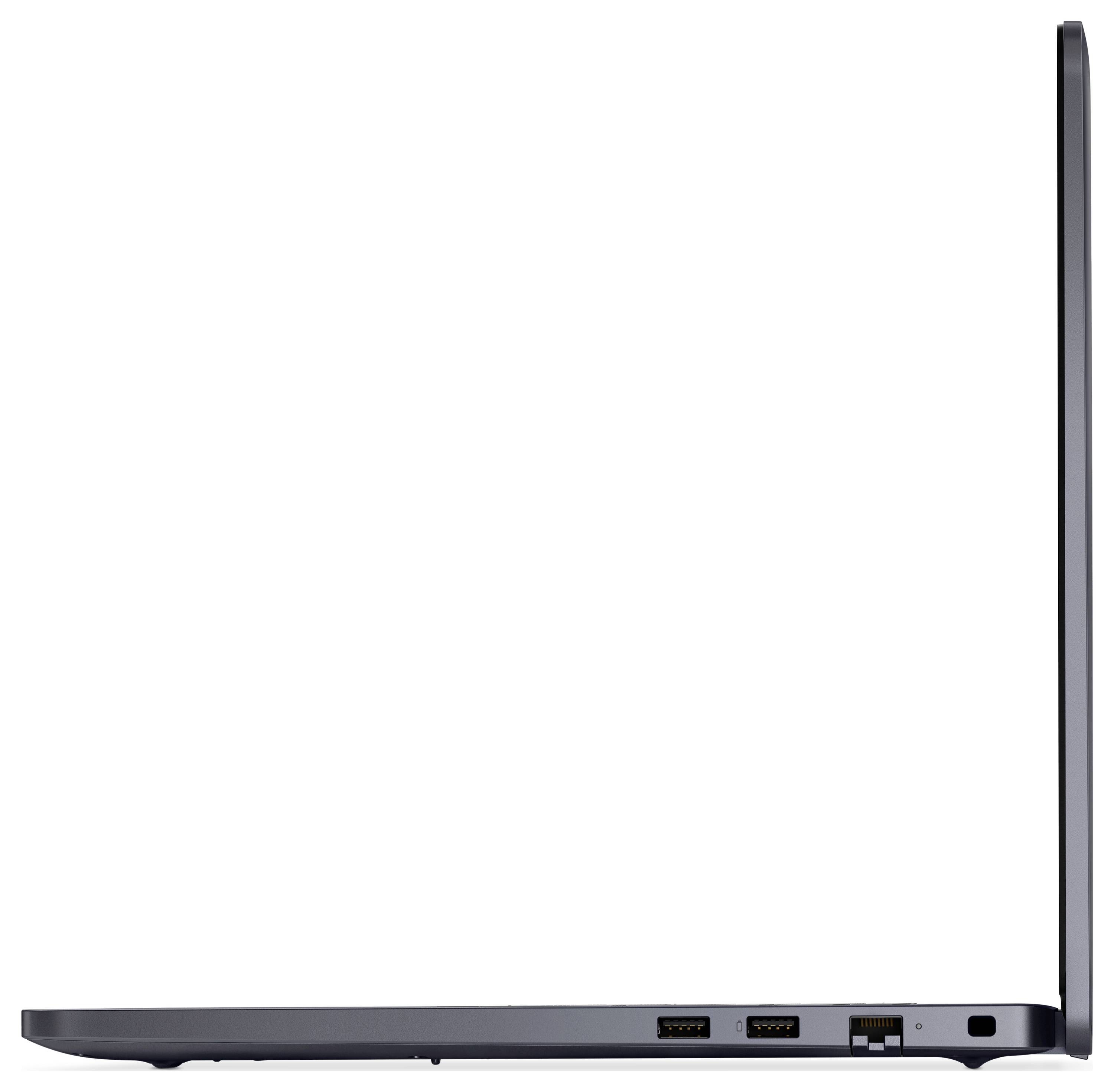 Ein schlanker, aufgeklappter Laptop, von der Seite betrachtet, mit zwei USB-Anschlüssen, einem HDMI-Anschluss und einem Ethernet-Anschluss an der rechten Kante.